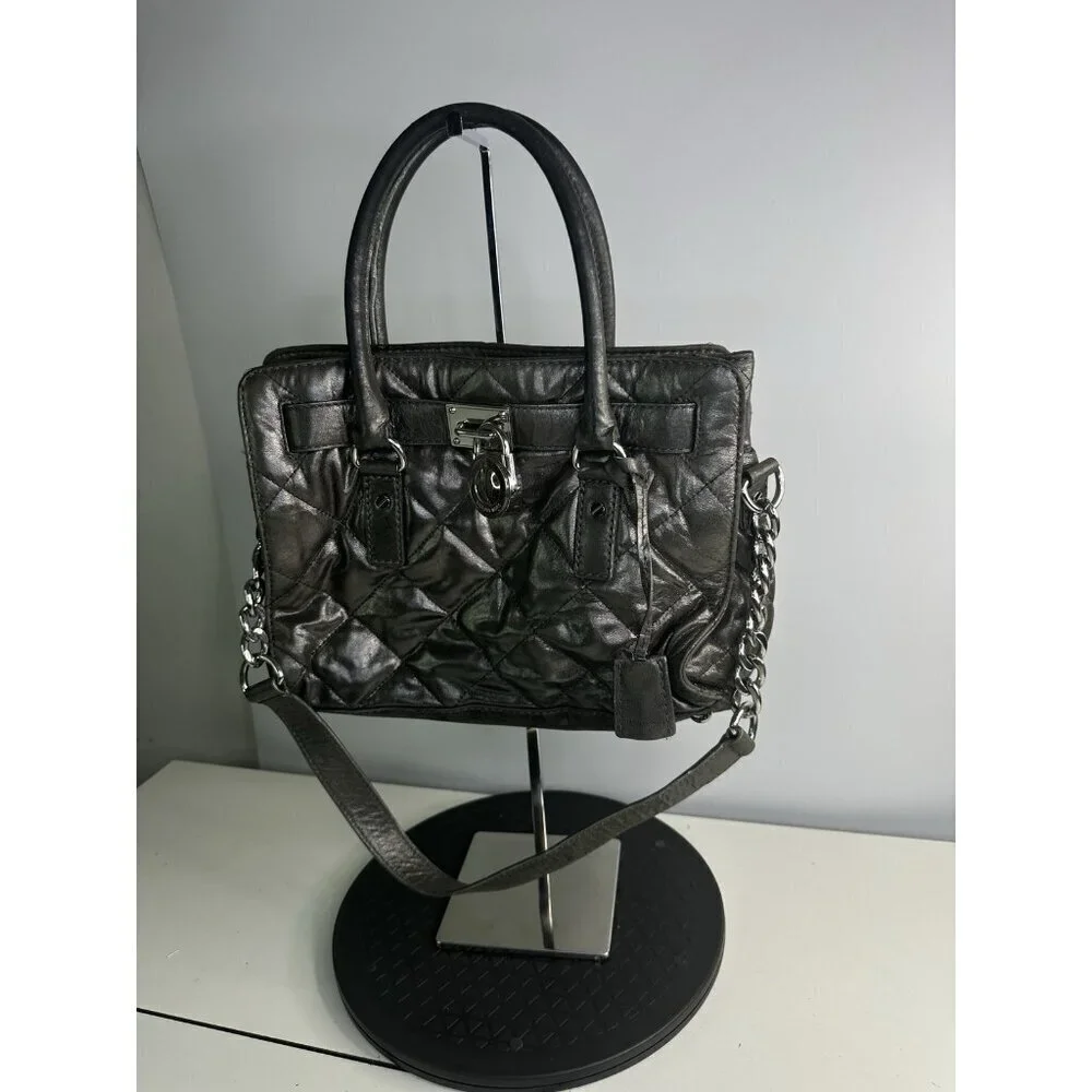 Michael Kors Hamilton Quilted Gun Metal Leather Small Tote Shoulder Bag